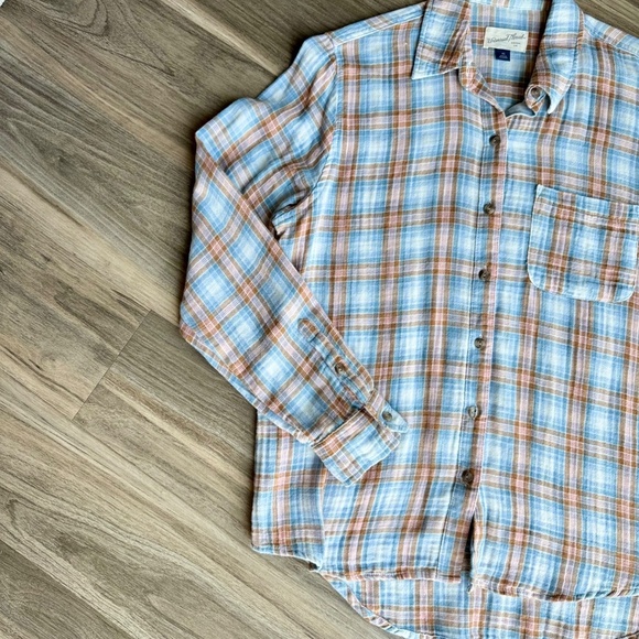 Universal Thread Blue/Tan Plaid Gauzy Cotton Button-Up Shirt Chest Pocket SizeXS - Picture 2 of 11